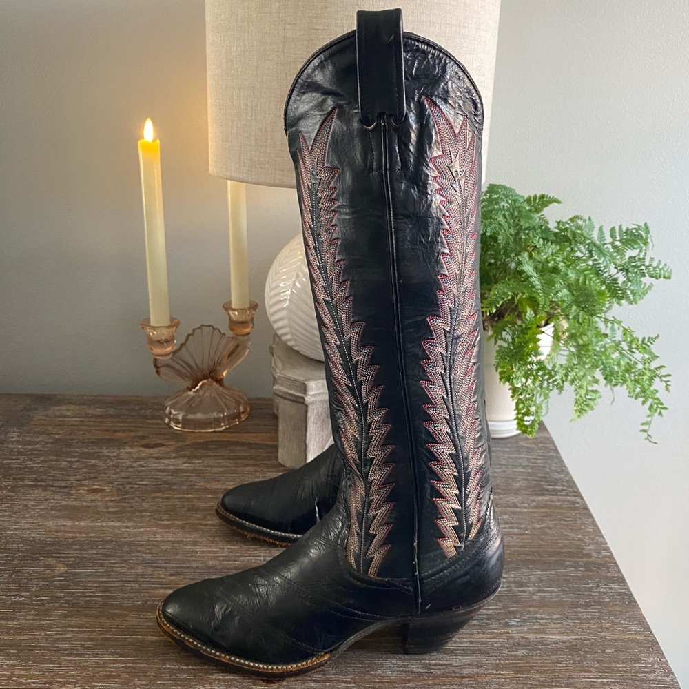 LARRY MAHAN Vtg Eel Skin Exotic Tall Knee High Cowgirl Cowboy Western Boots 6.5B - Picture 3 of 16